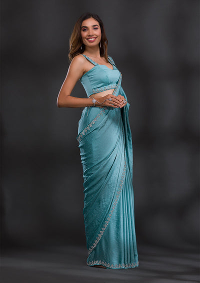 Sky Blue Stonework Satin Saree-Koskii