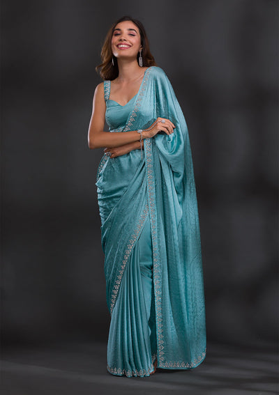 Sky Blue Stonework Satin Saree-Koskii