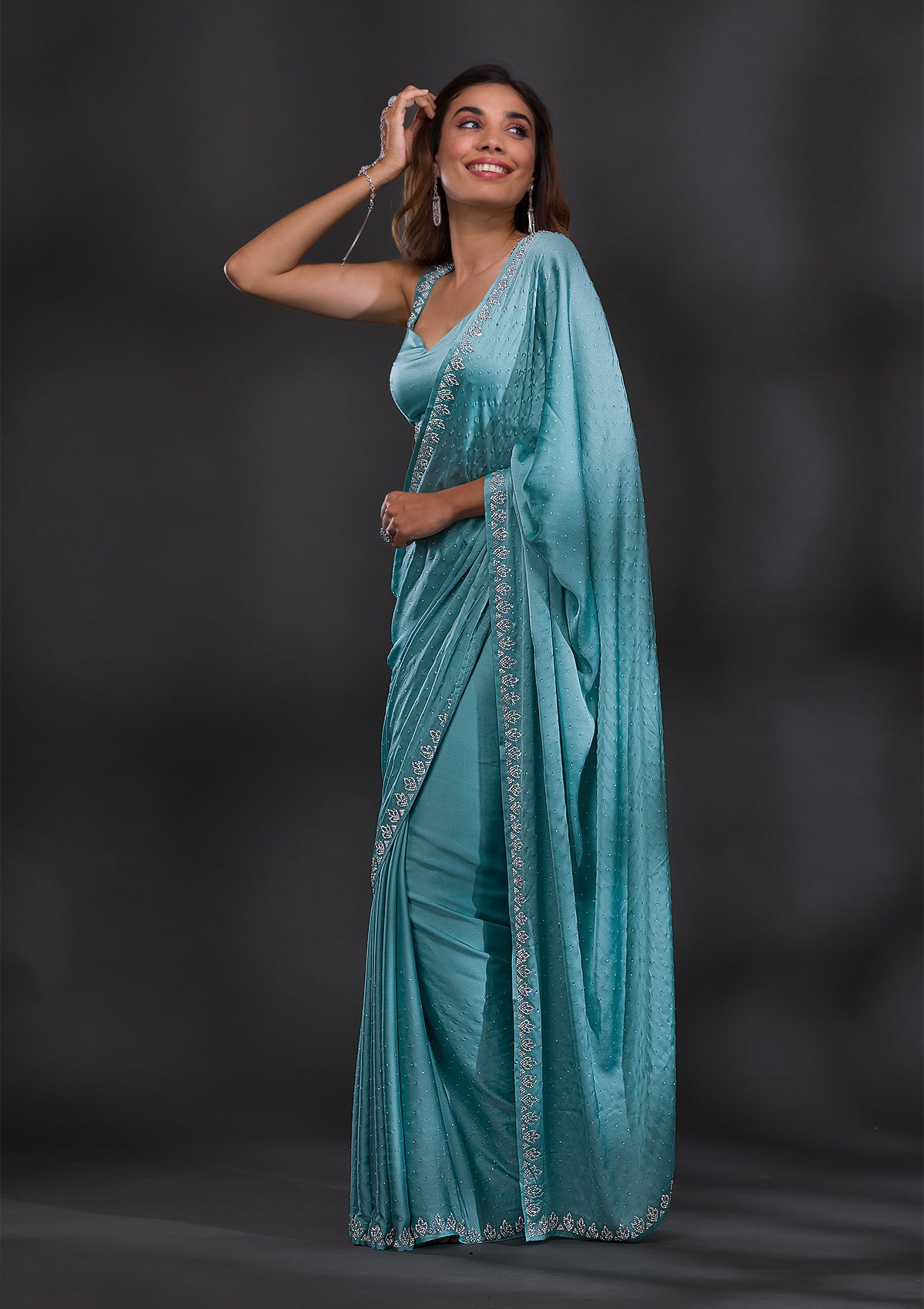 Sky Blue Stonework Satin Saree-Koskii