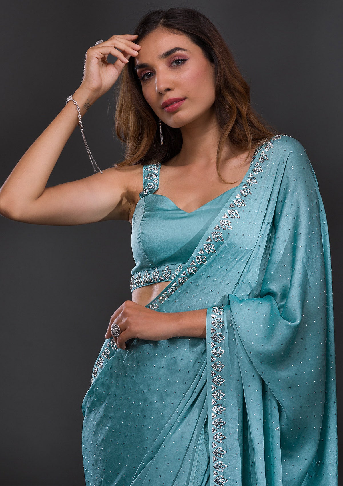 Sky Blue Stonework Satin Saree-Koskii