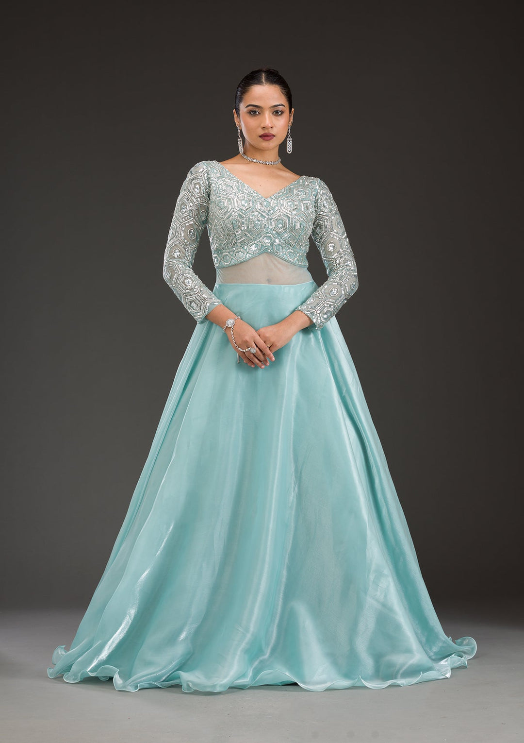 Sky Blue Stonework Semi Crepe Gown-Koskii