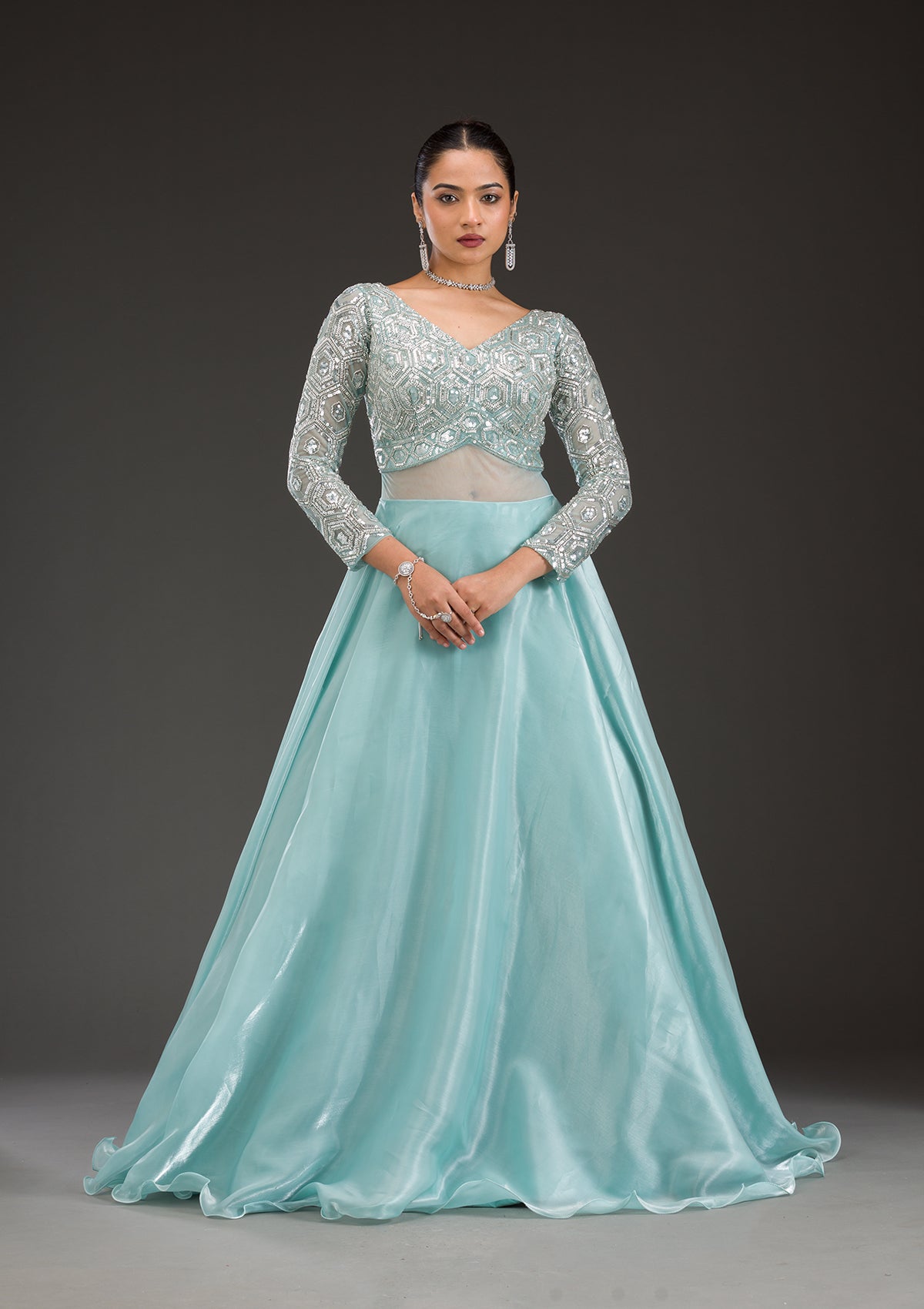 Sky Blue Stonework Semi Crepe Gown-Koskii