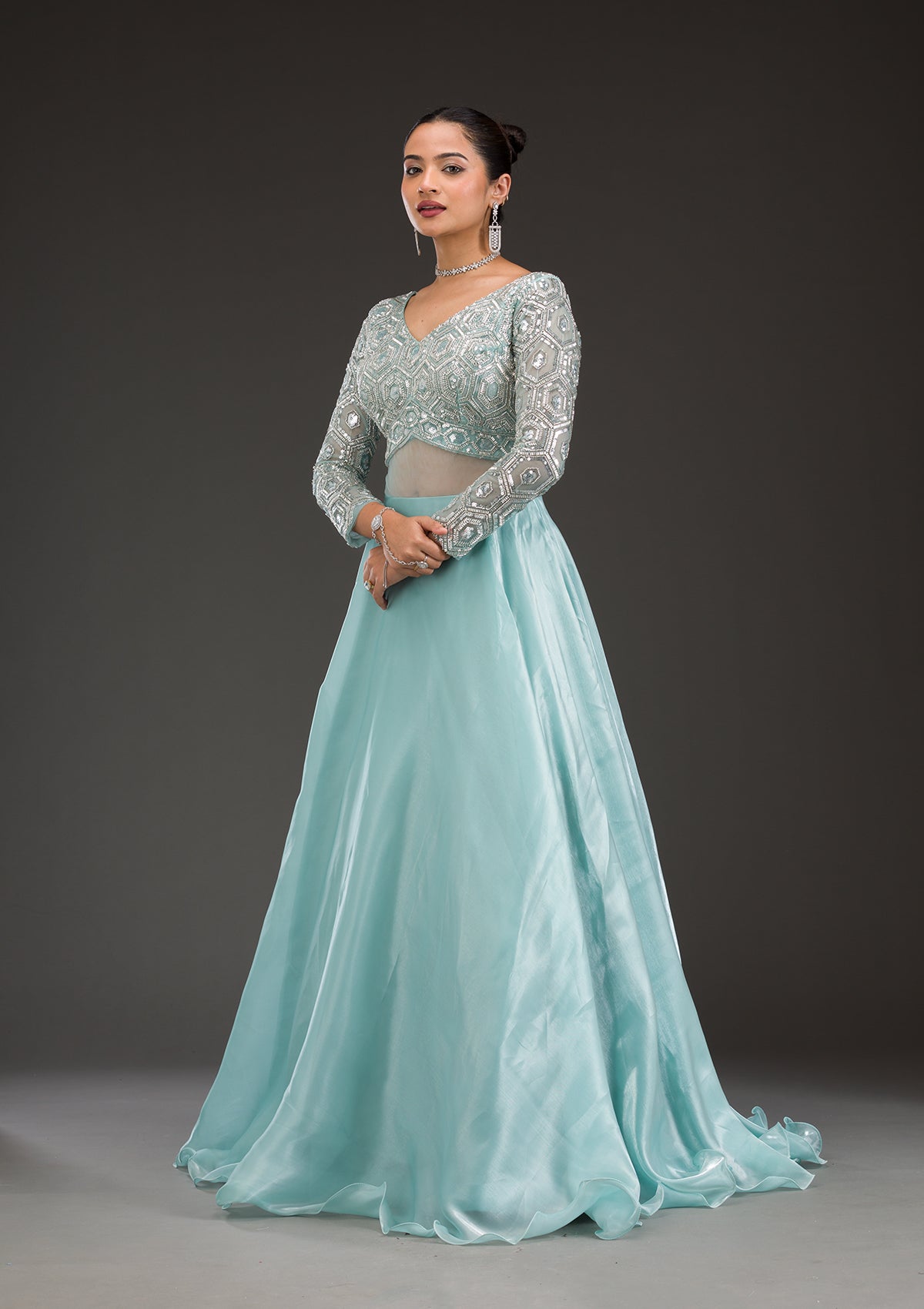 Sky Blue Stonework Semi Crepe Gown-Koskii