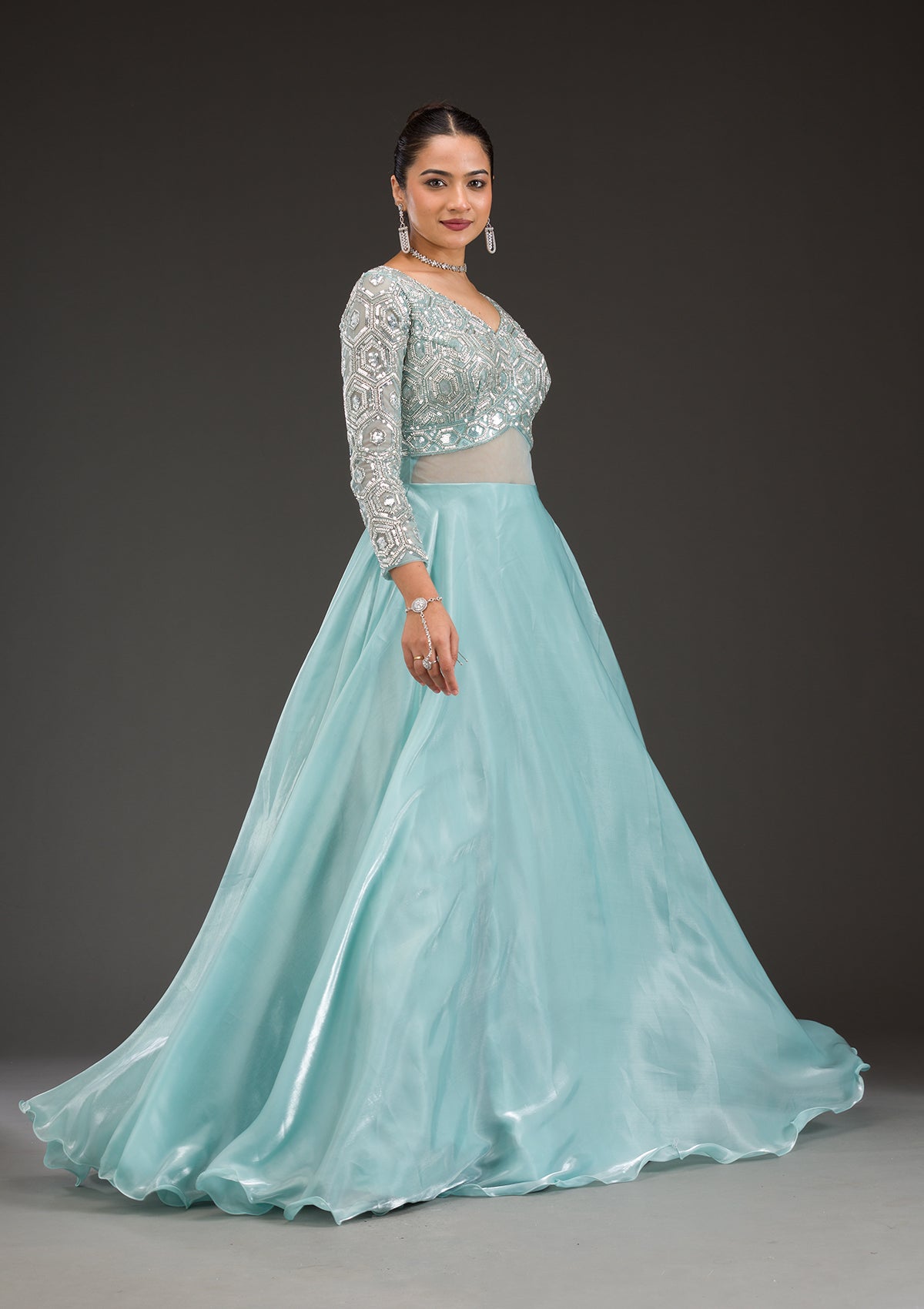 Sky Blue Stonework Semi Crepe Gown-Koskii