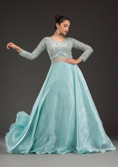 Sky Blue Stonework Semi Crepe Gown-Koskii