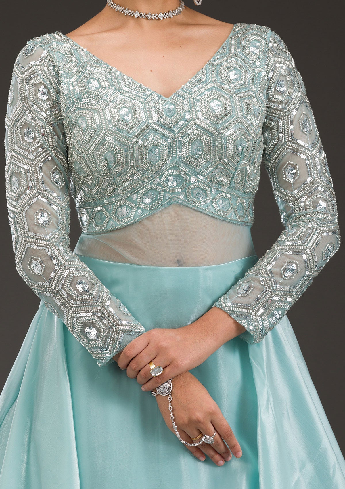 Sky Blue Stonework Semi Crepe Gown-Koskii