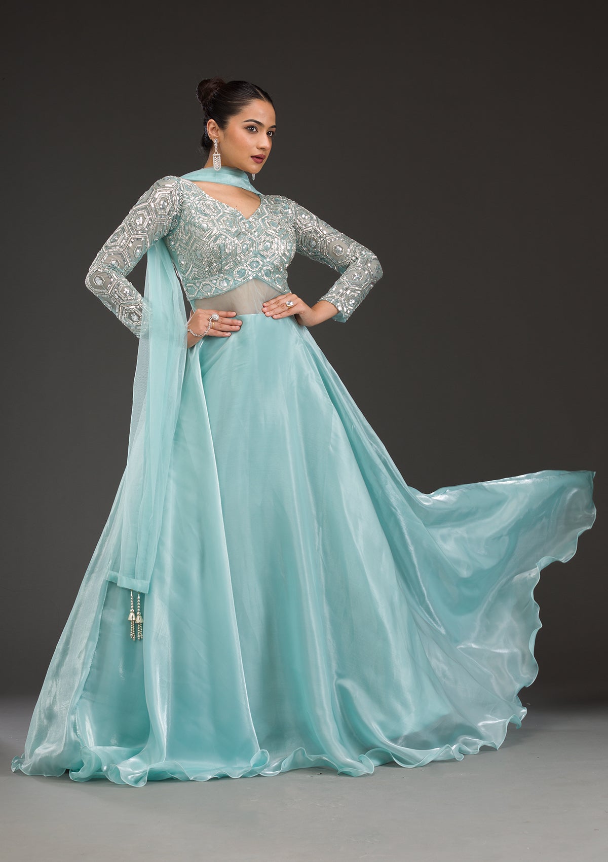 Sky Blue Stonework Semi Crepe Gown-Koskii