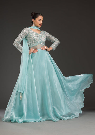 Sky Blue Stonework Semi Crepe Gown-Koskii