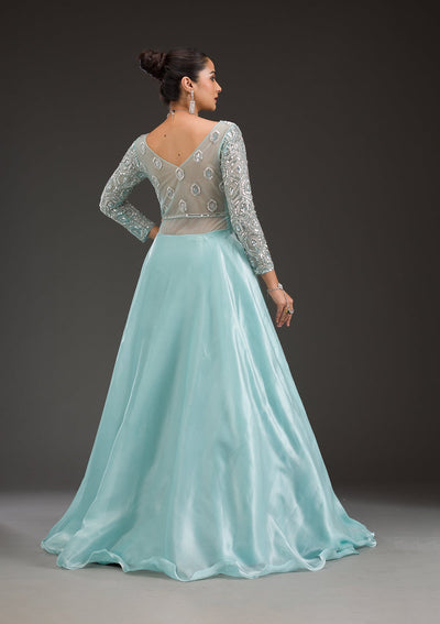 Sky Blue Stonework Semi Crepe Gown-Koskii