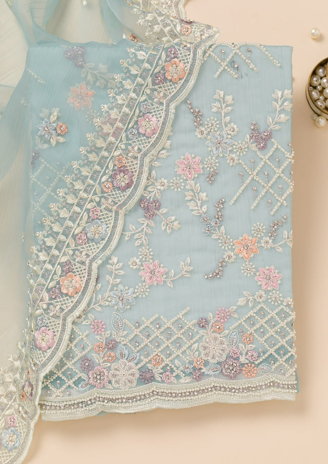 Sky Blue Stonework Semi Crepe Unstitched Salwar Suit-Koskii