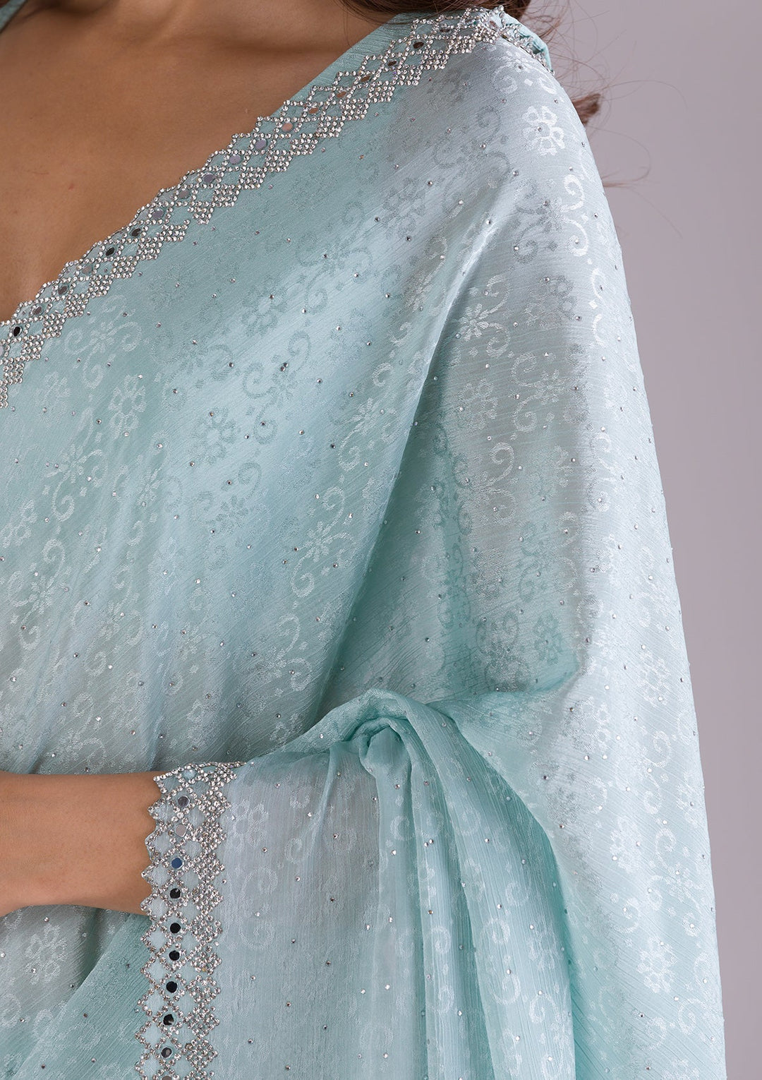 Sky Blue Stonework Semi Crepe Saree-Koskii