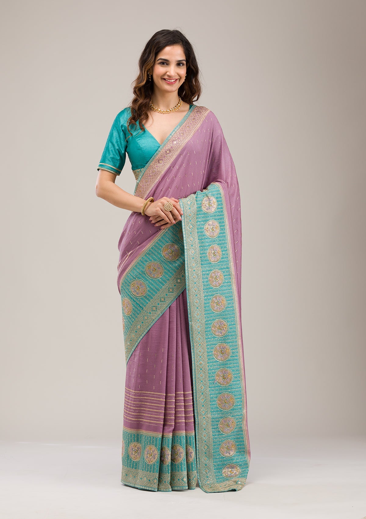 Sky Blue Stonework Soft Silk Saree-Koskii