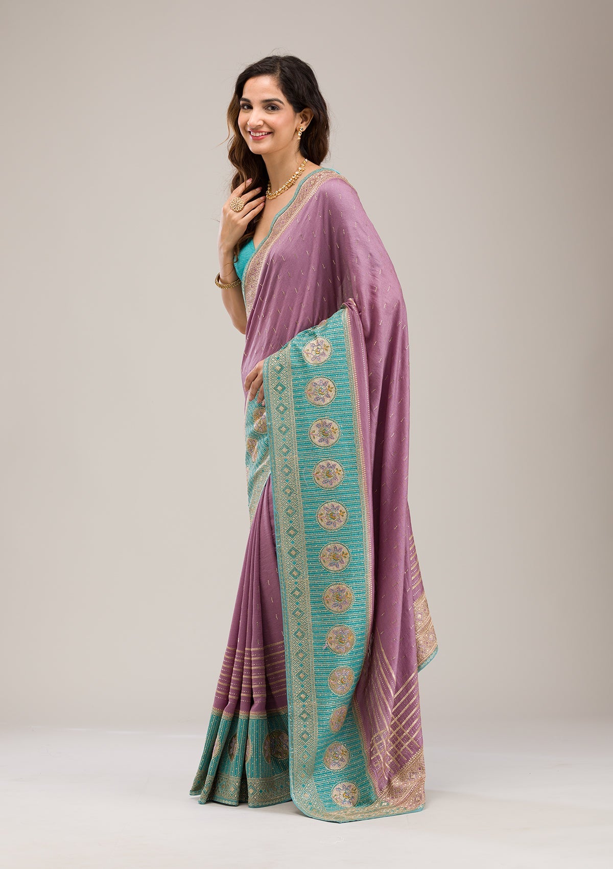 Sky Blue Stonework Soft Silk Saree-Koskii