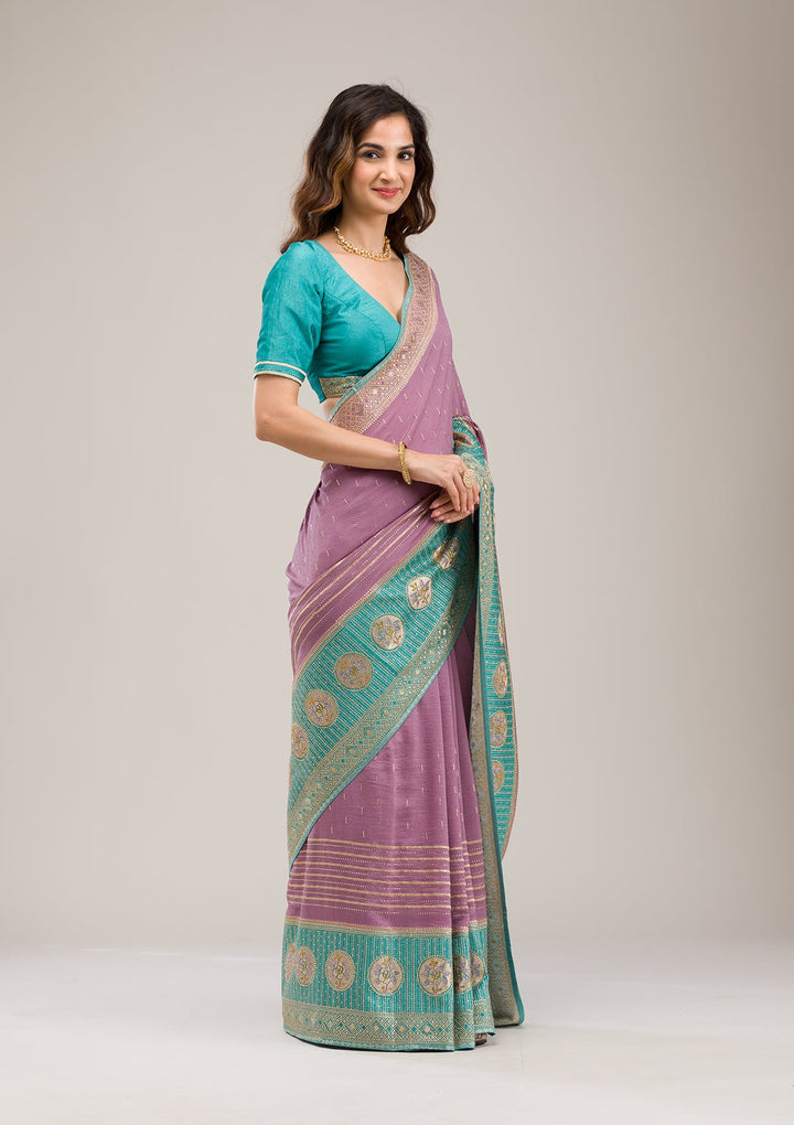 Sky Blue Stonework Soft Silk Saree-Koskii