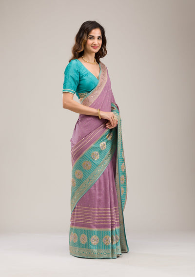 Sky Blue Stonework Soft Silk Saree-Koskii