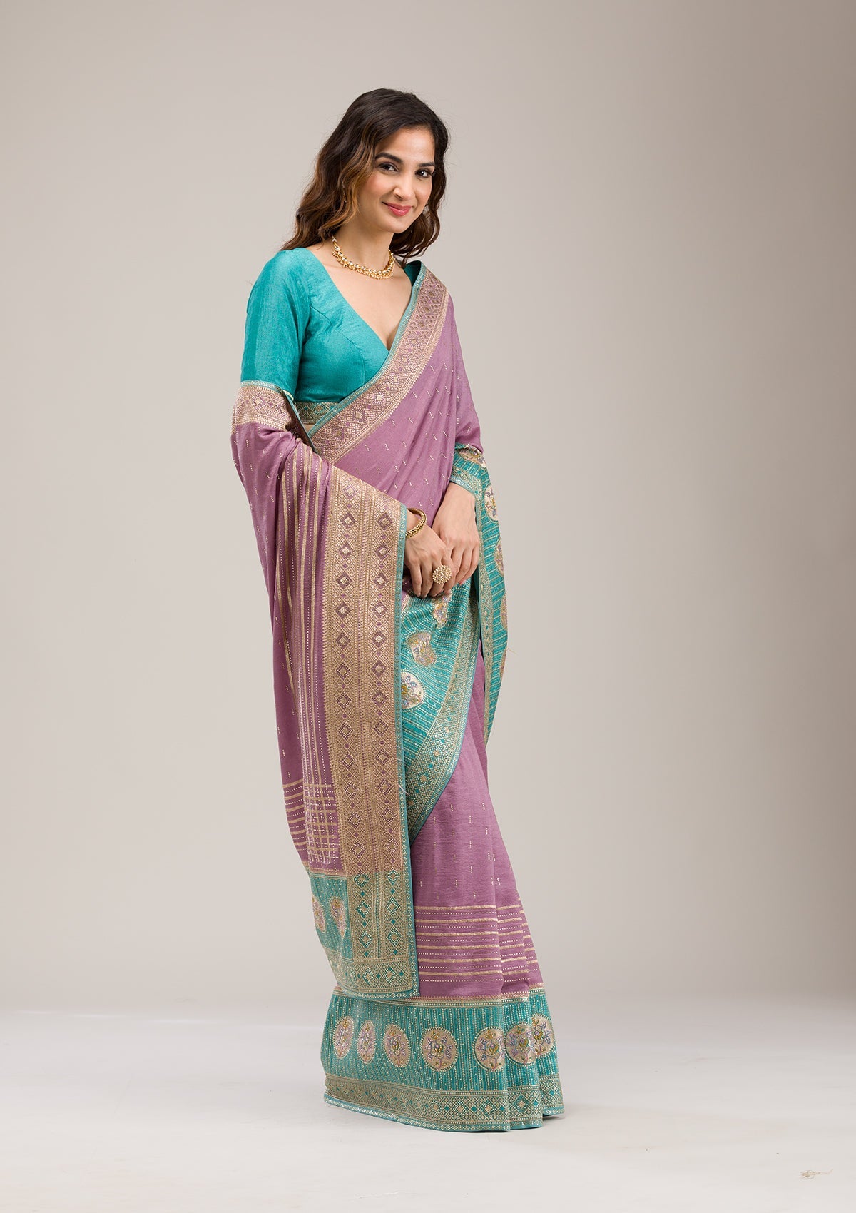 Sky Blue Stonework Soft Silk Saree-Koskii