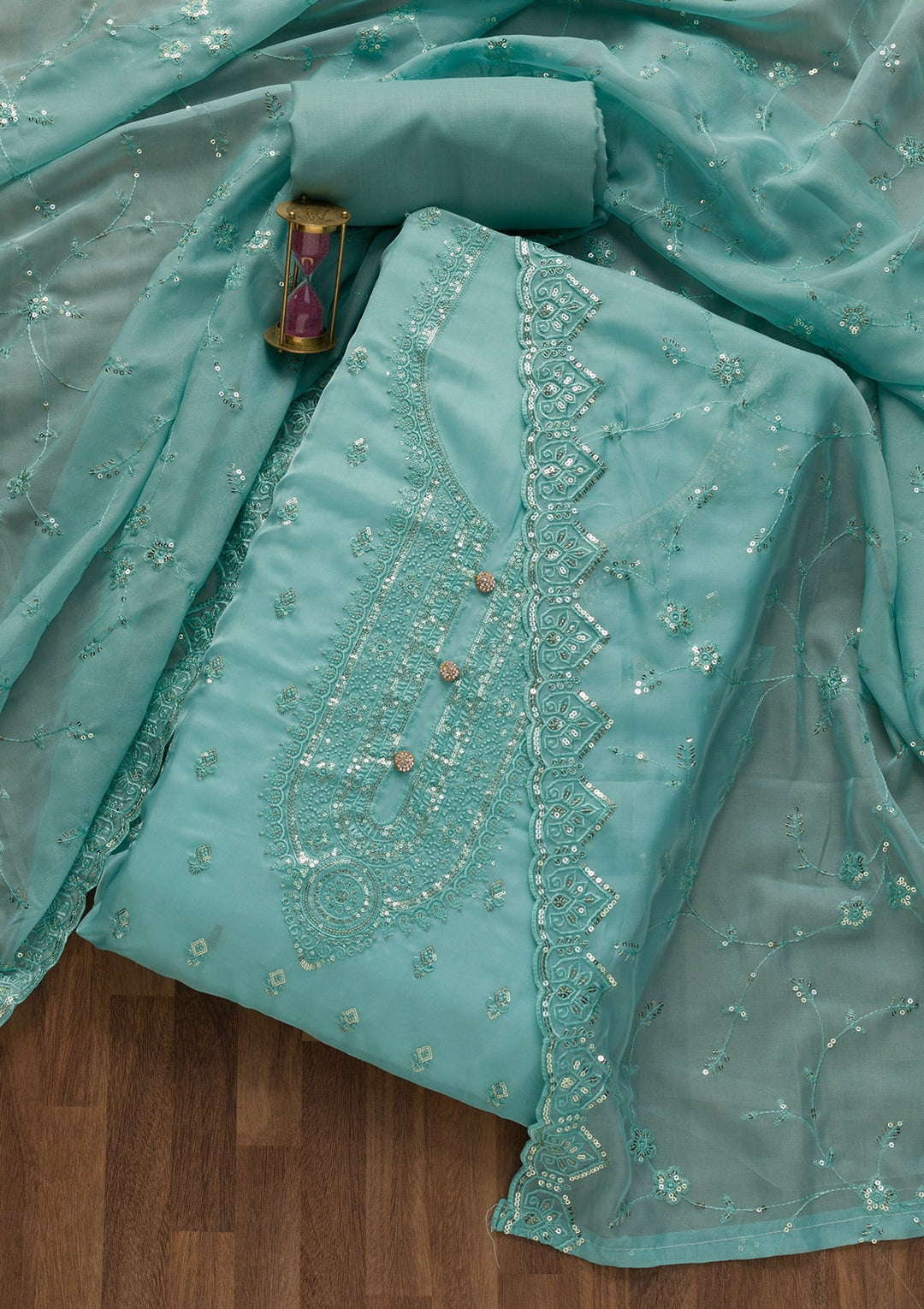 Sky Blue Stonework Tissue Unstitched Salwar Suit-Koskii