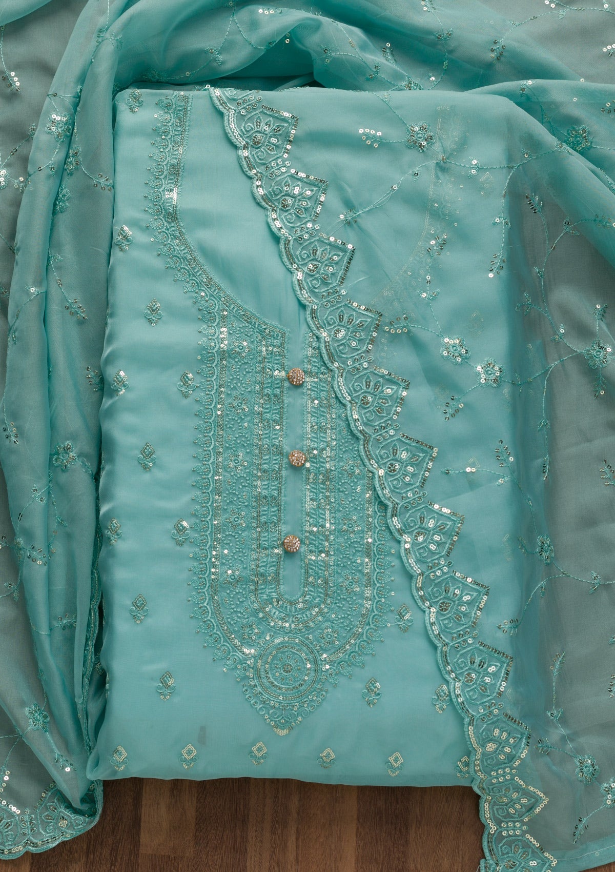 Sky Blue Stonework Tissue Unstitched Salwar Suit-Koskii