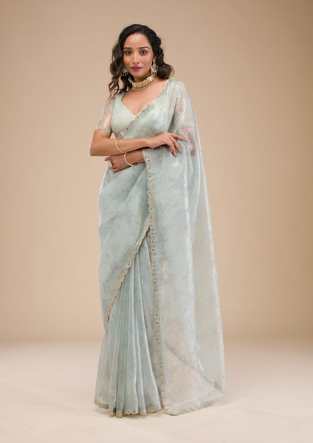 Sky Blue Stonework Tissue Saree-Koskii