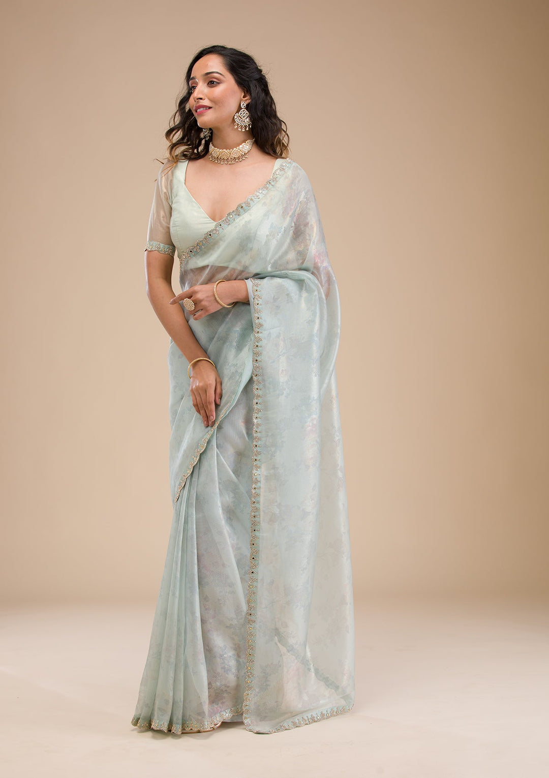 Sky Blue Stonework Tissue Saree-Koskii