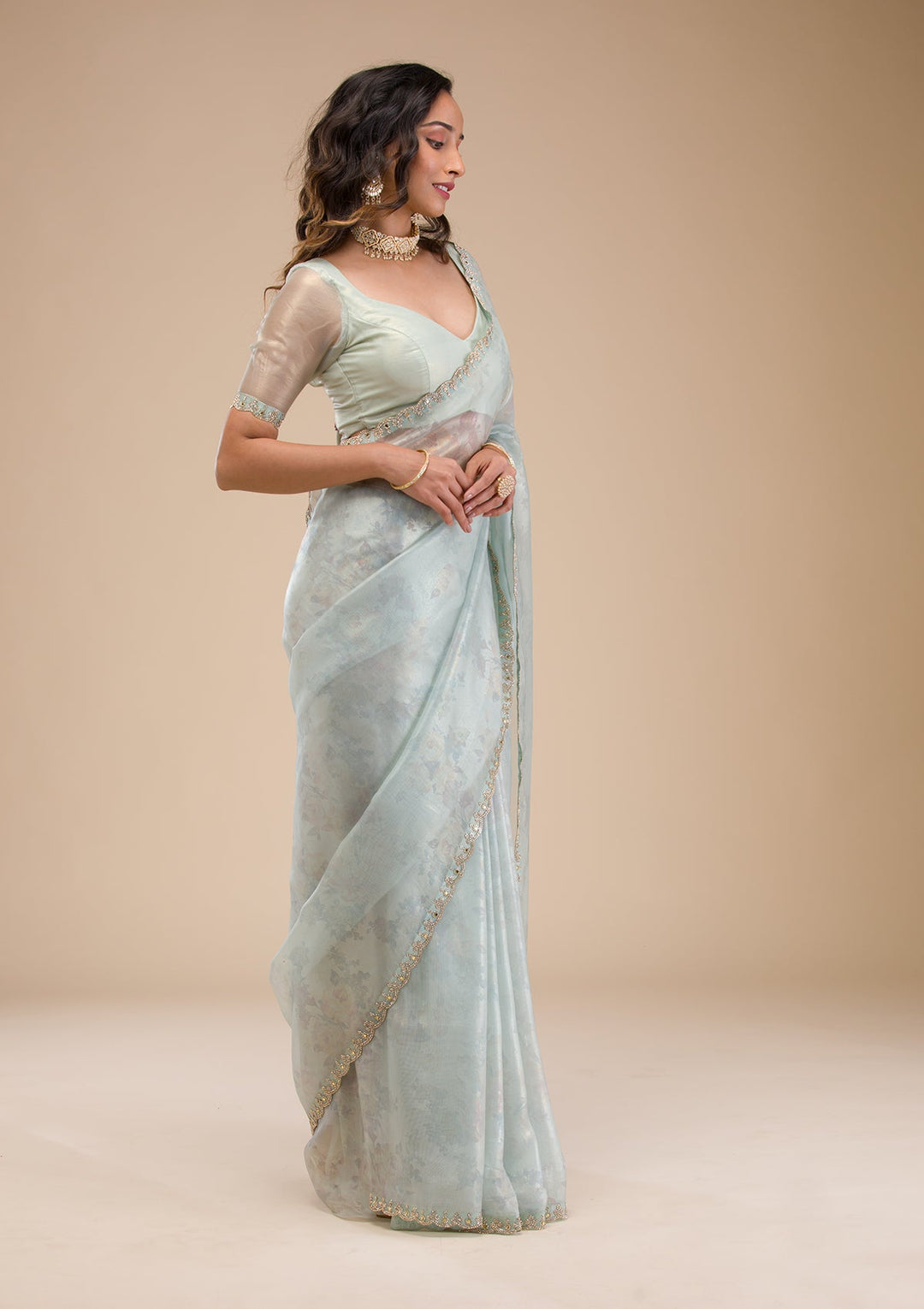 Sky Blue Stonework Tissue Saree-Koskii