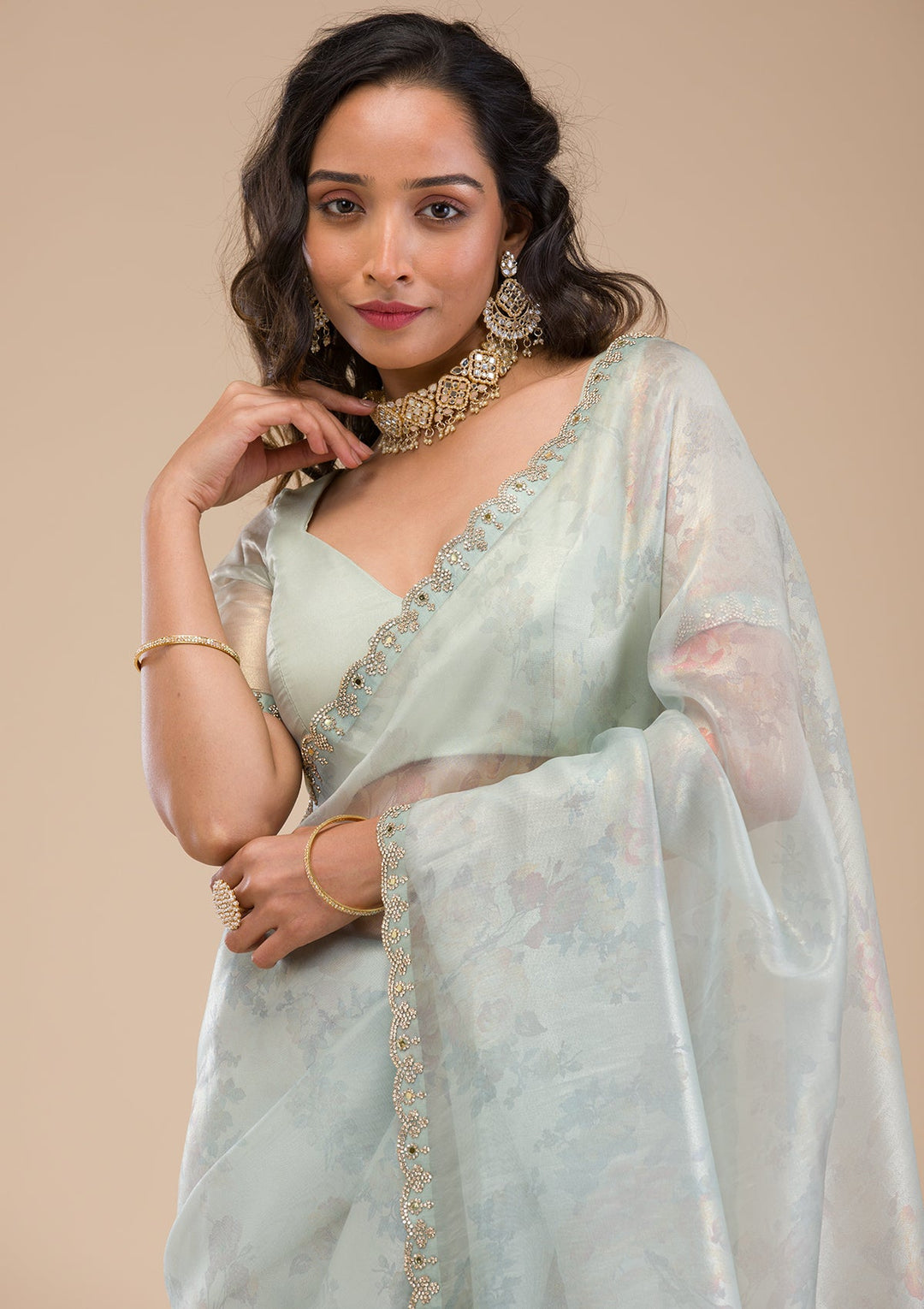 Sky Blue Stonework Tissue Saree-Koskii