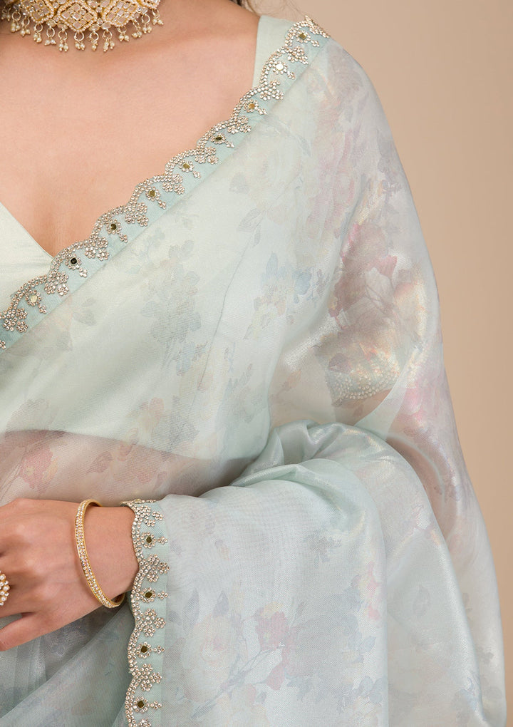 Sky Blue Stonework Tissue Saree-Koskii