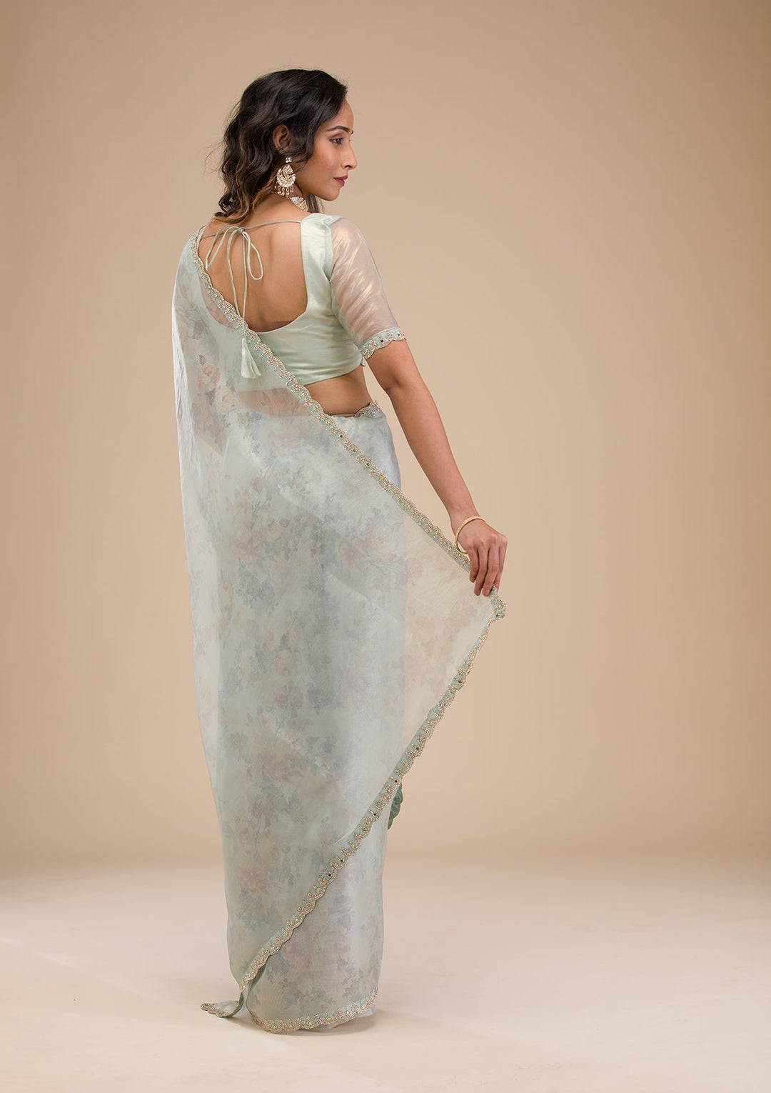 Sky Blue Stonework Tissue Saree-Koskii
