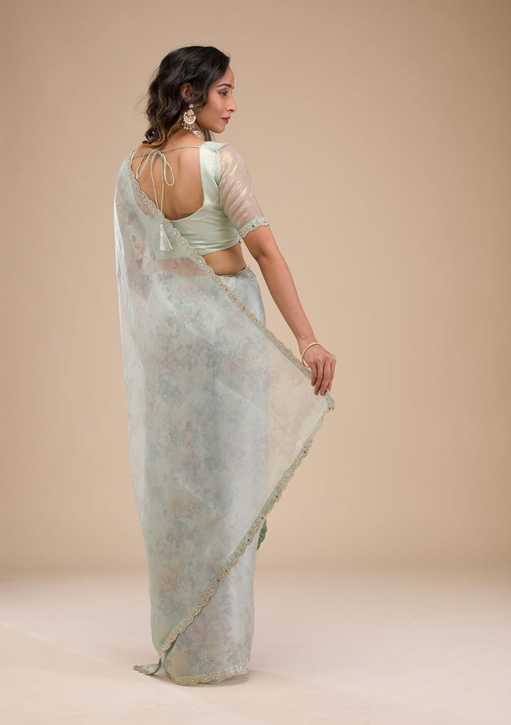 Sky Blue Stonework Tissue Saree-Koskii