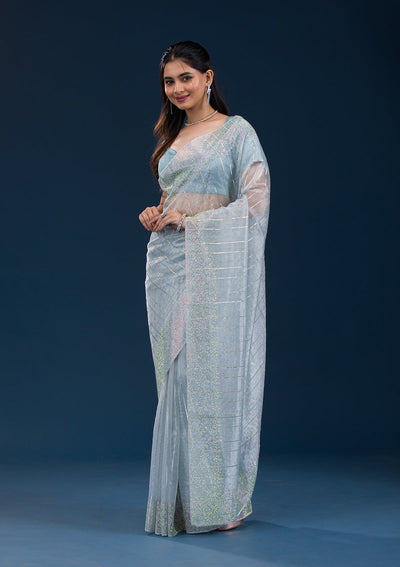 Sky Blue Stonework Tissue Saree-Koskii