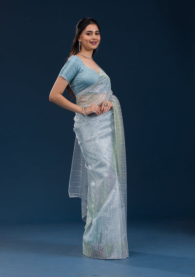 Sky Blue Stonework Tissue Saree-Koskii