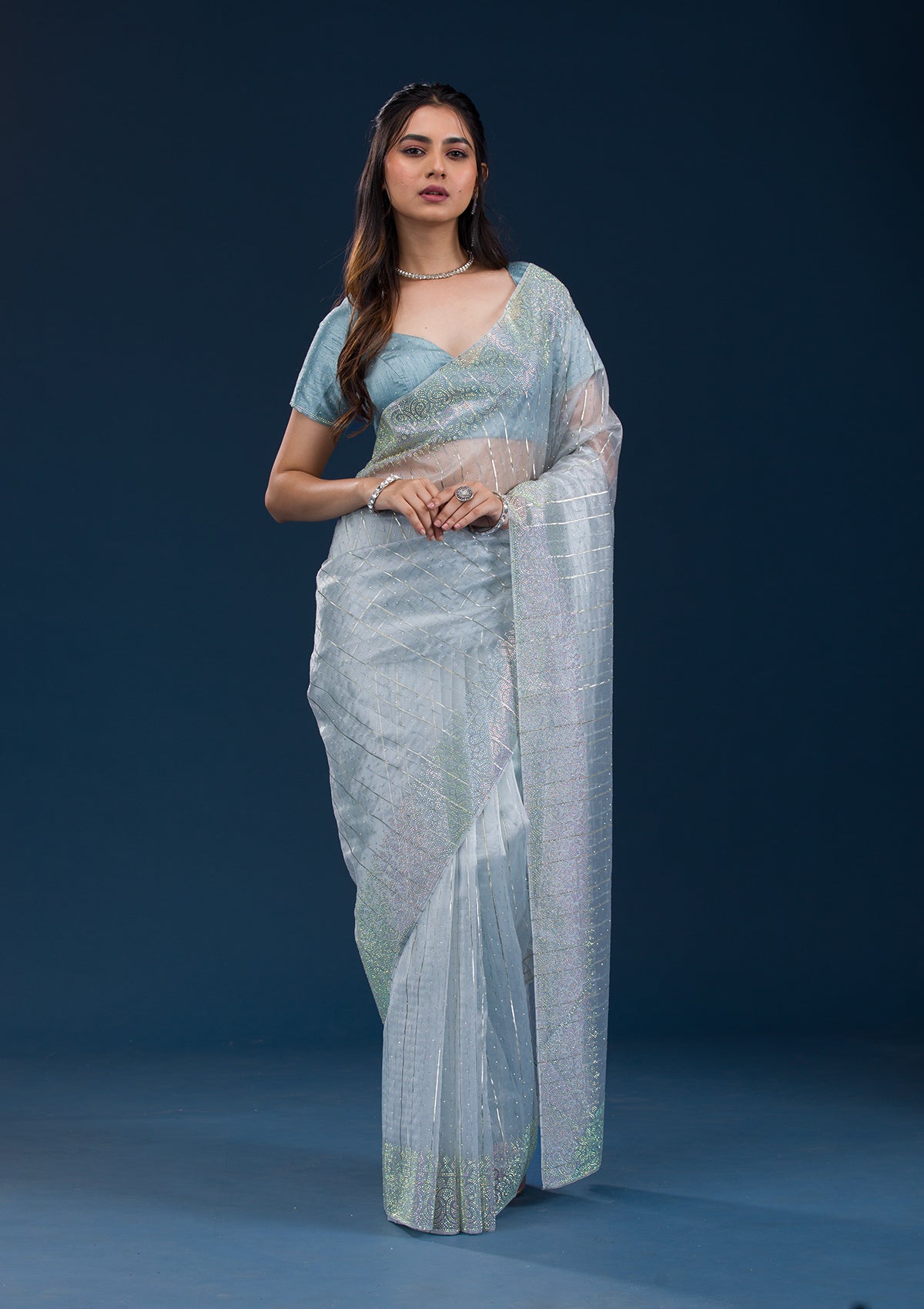 Sky Blue Stonework Tissue Saree-Koskii