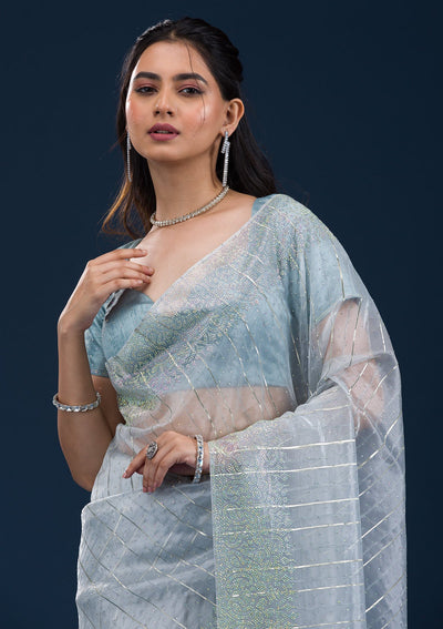 Sky Blue Stonework Tissue Saree-Koskii