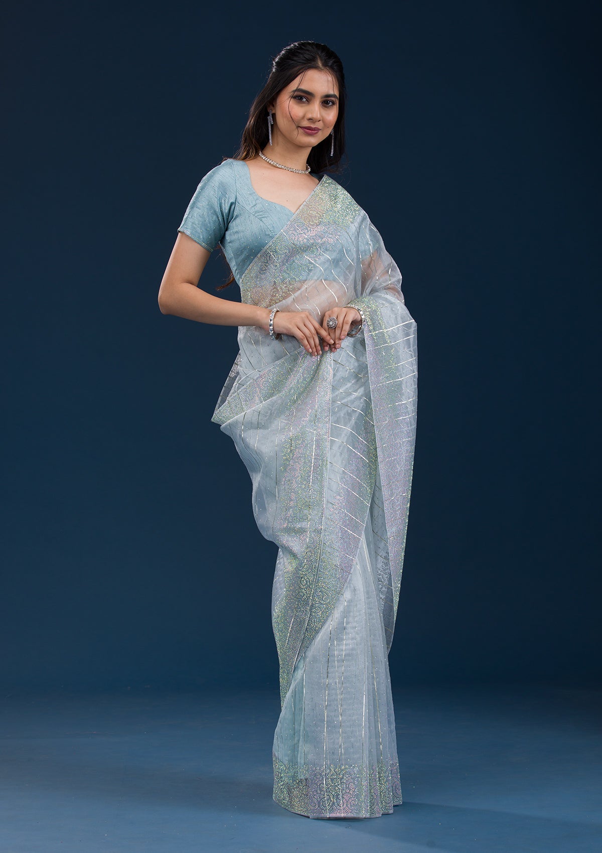 Sky Blue Stonework Tissue Saree-Koskii