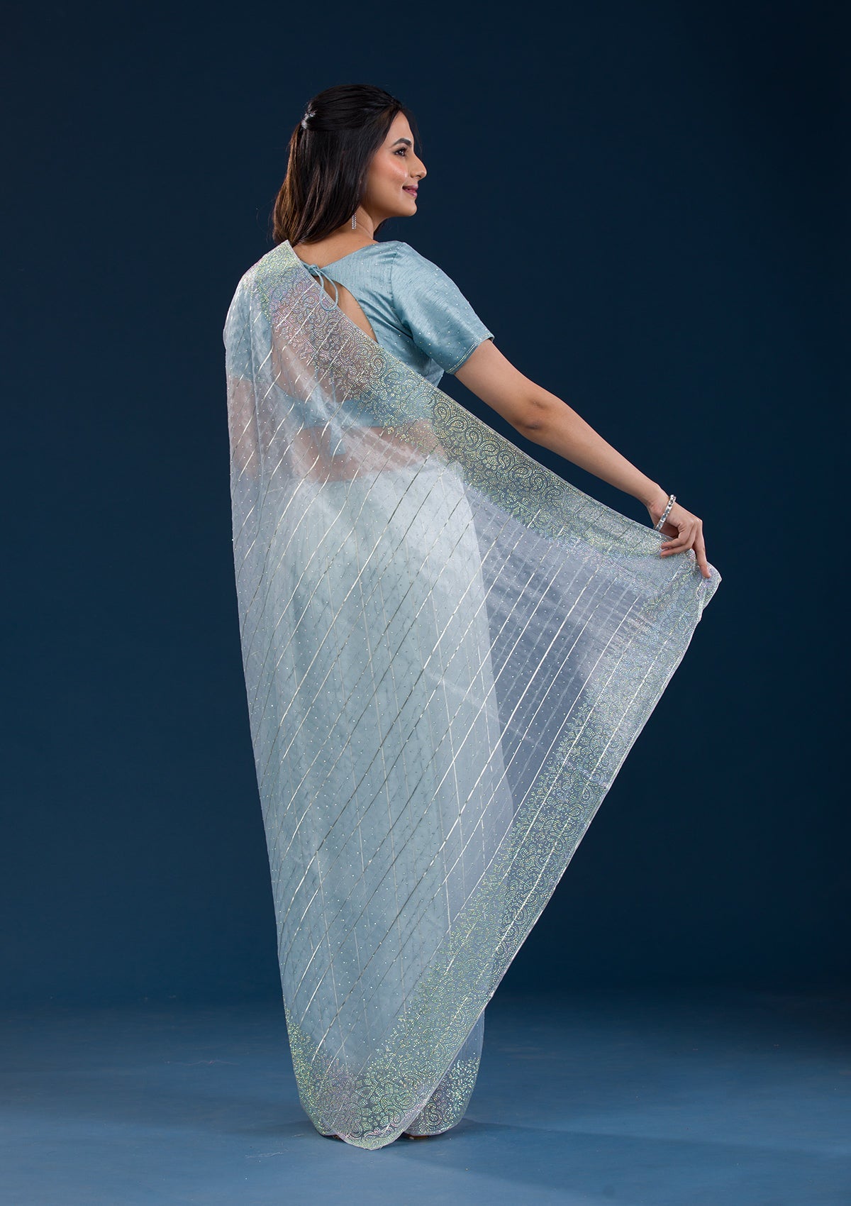 Sky Blue Stonework Tissue Saree-Koskii