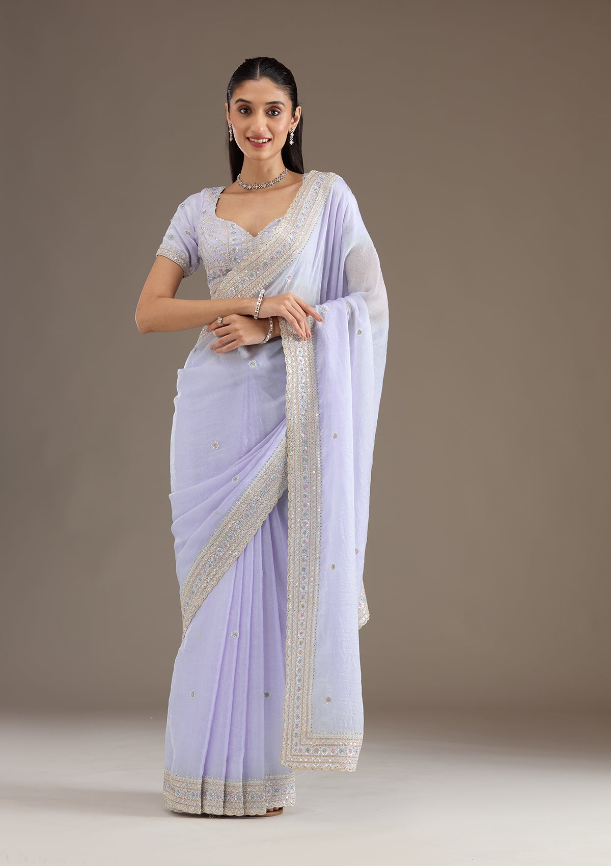 Sky Blue Stonework Tissue Saree-Koskii