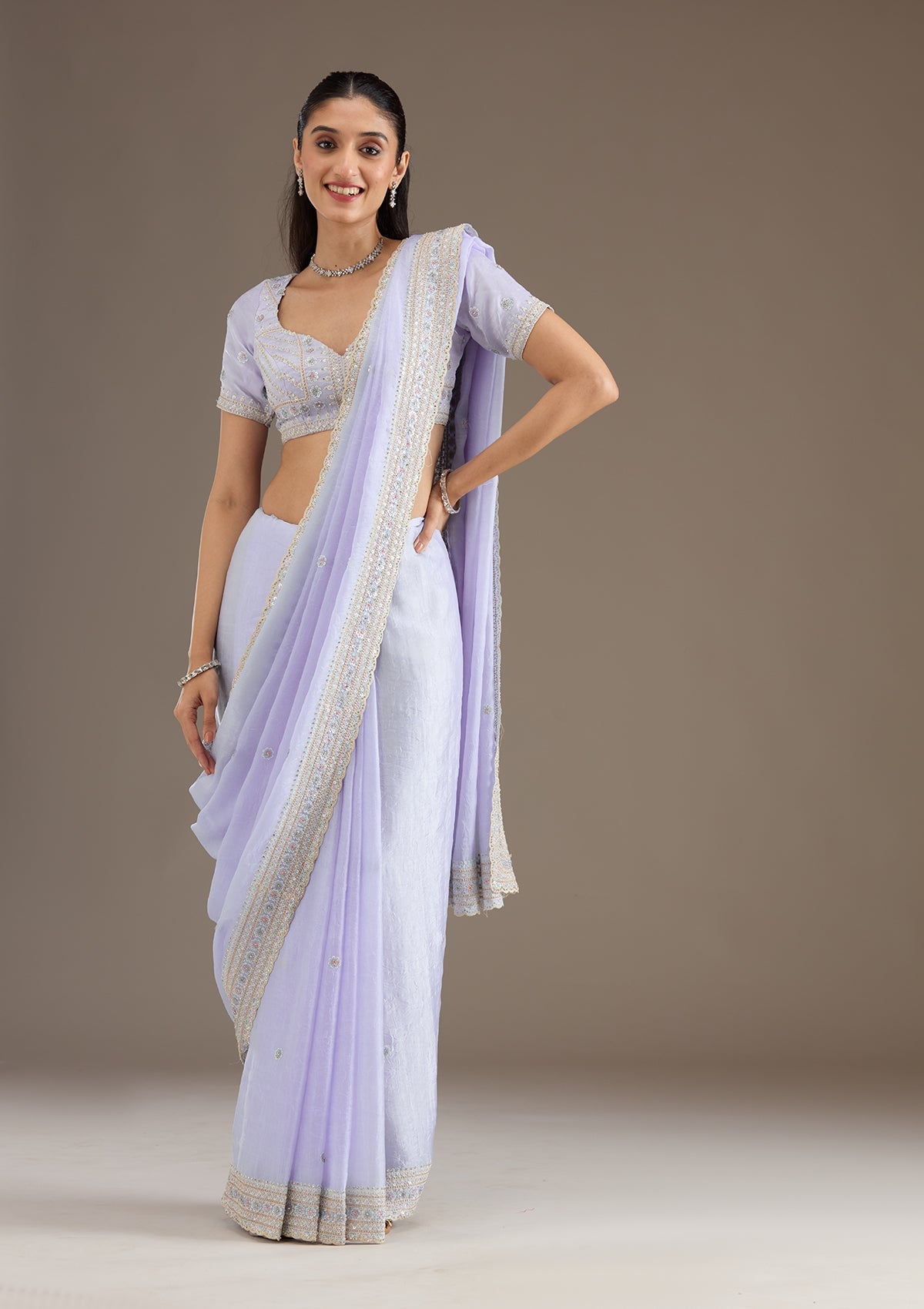 Sky Blue Stonework Tissue Saree-Koskii