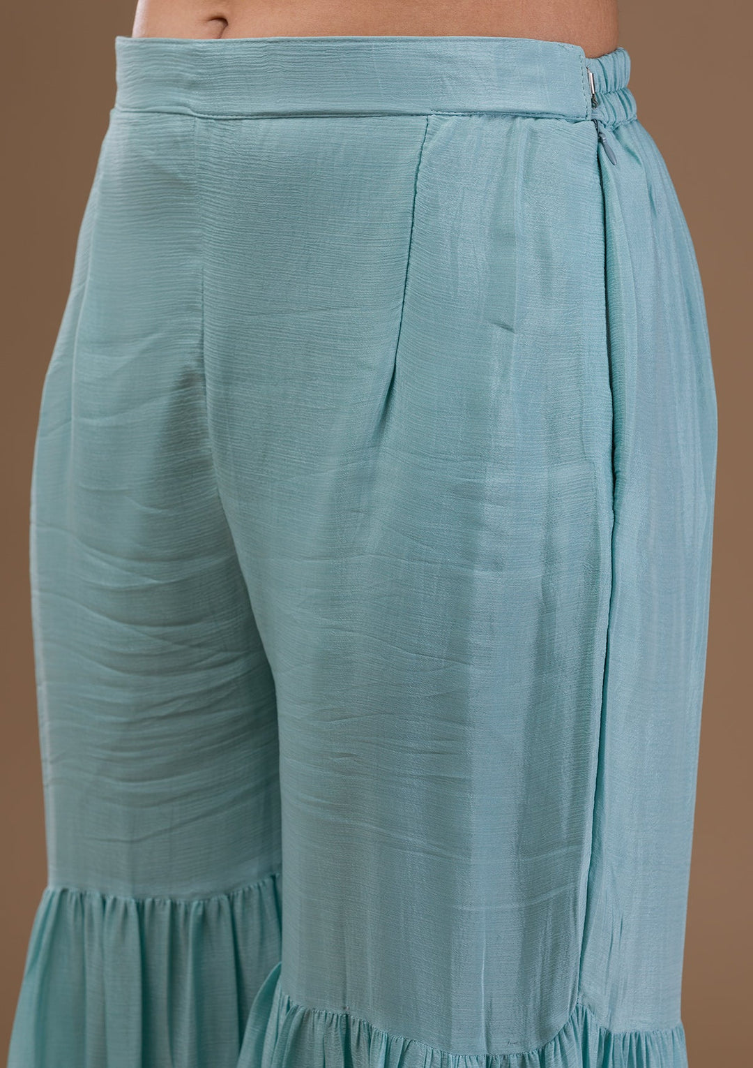Sky Blue Threadwork Art Silk Readymade Salwar Suit-Koskii