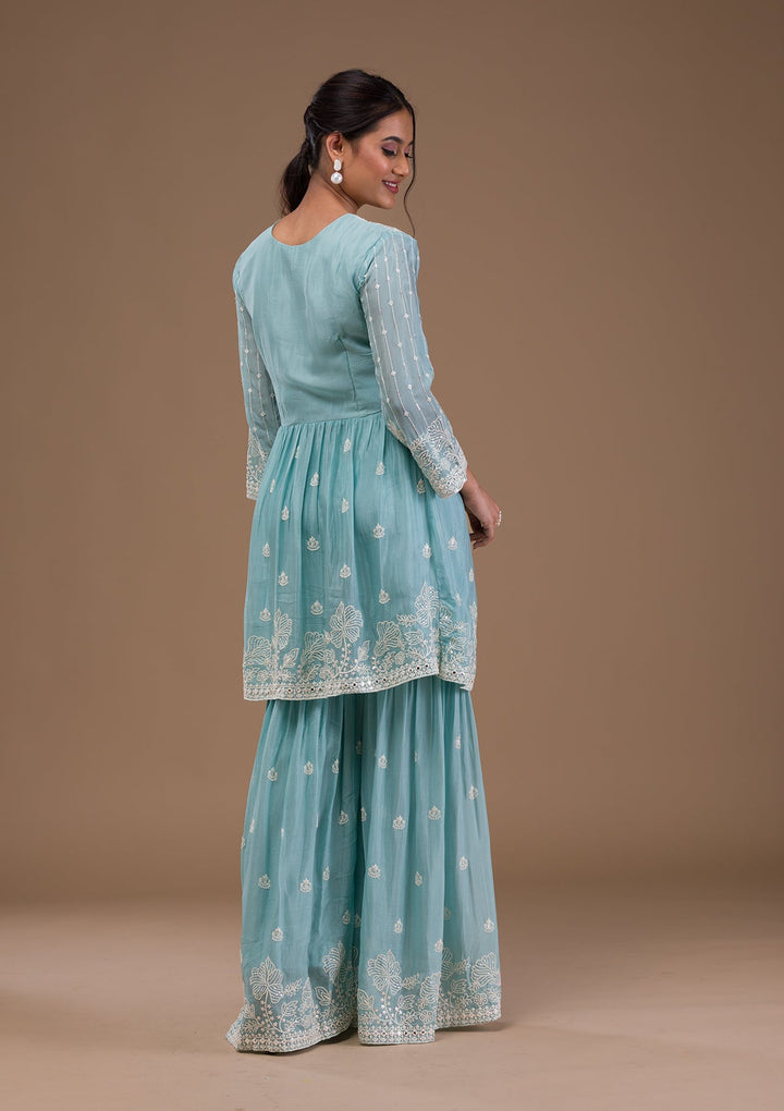 Sky Blue Threadwork Art Silk Readymade Salwar Suit-Koskii
