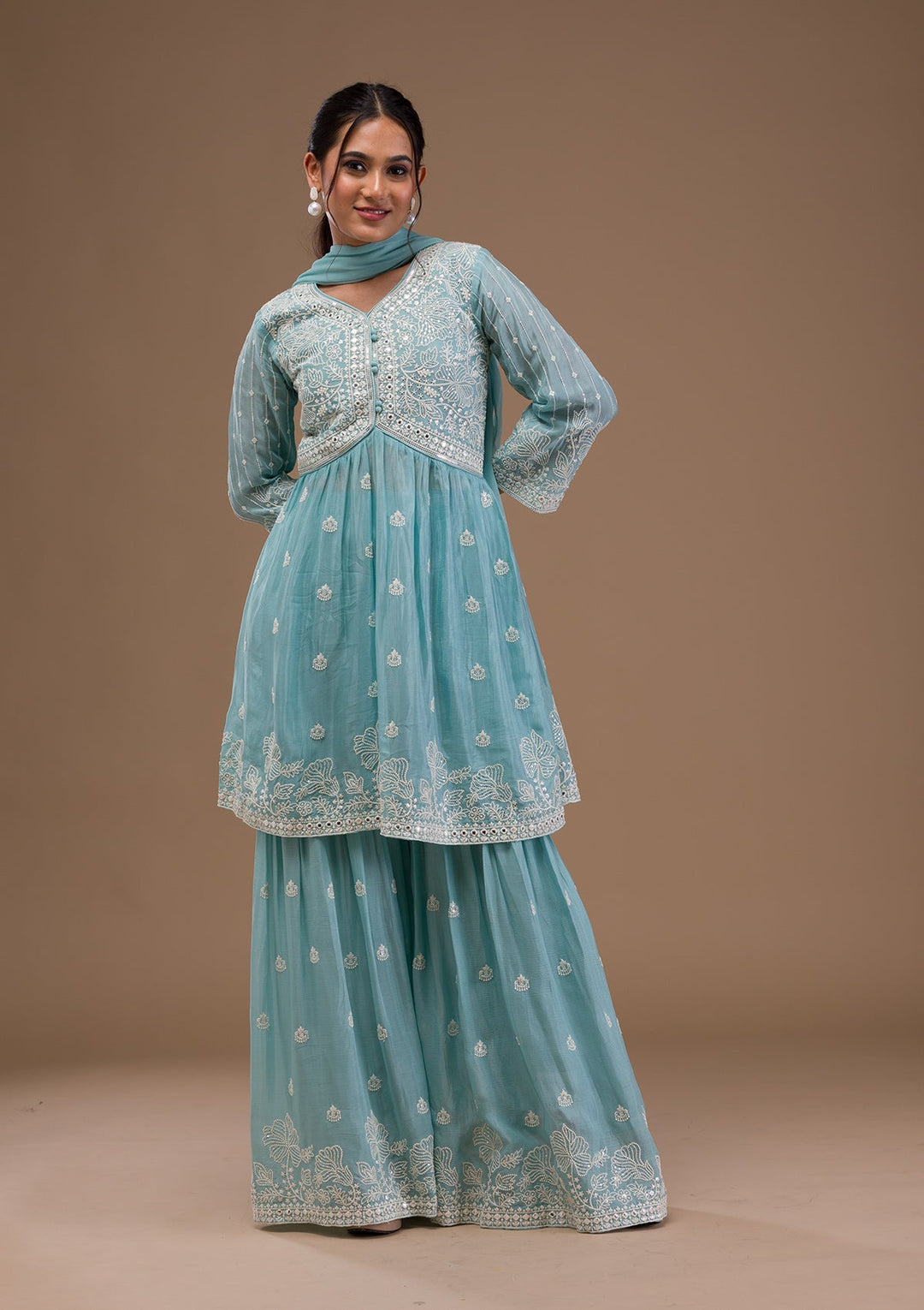 Sky Blue Threadwork Art Silk Readymade Salwar Suit-Koskii