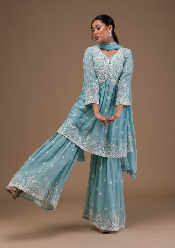 Sky Blue Threadwork Art Silk Readymade Salwar Suit-Koskii