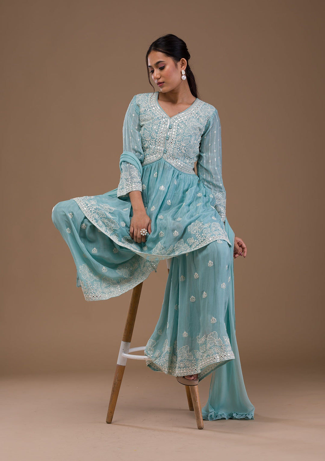 Sky Blue Threadwork Art Silk Readymade Salwar Suit-Koskii