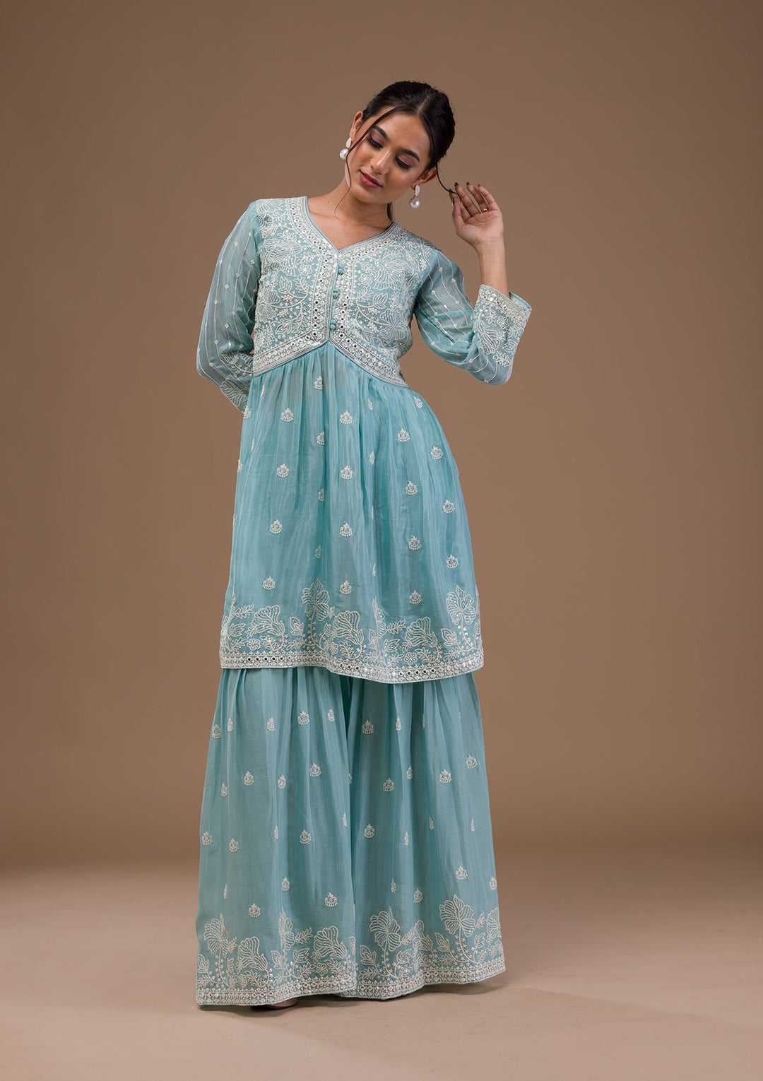 Sky Blue Threadwork Art Silk Readymade Salwar Suit-Koskii