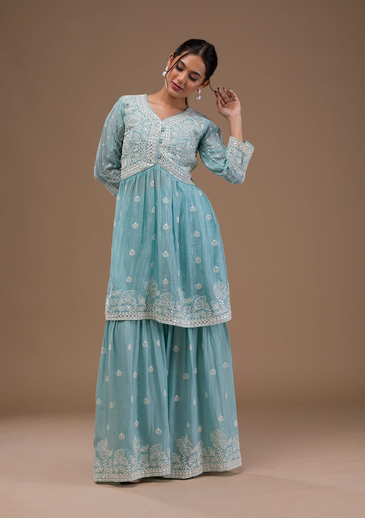 Sky Blue Threadwork Art Silk Readymade Salwar Suit-Koskii