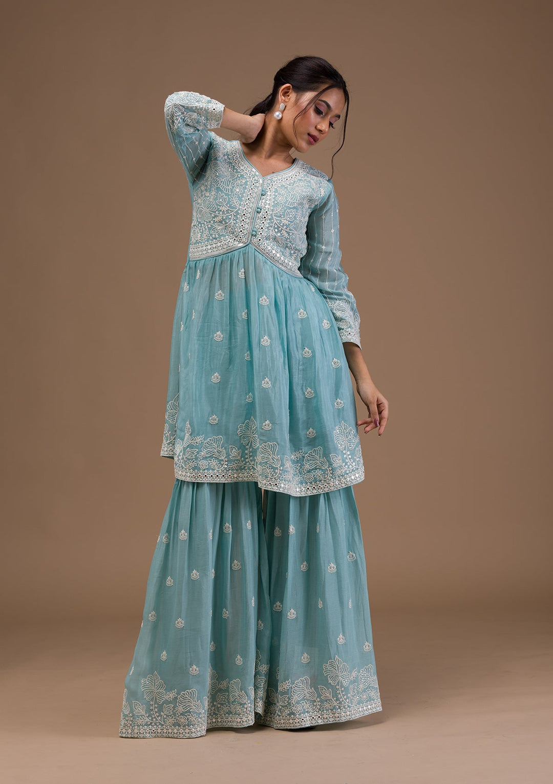 Sky Blue Threadwork Art Silk Readymade Salwar Suit-Koskii