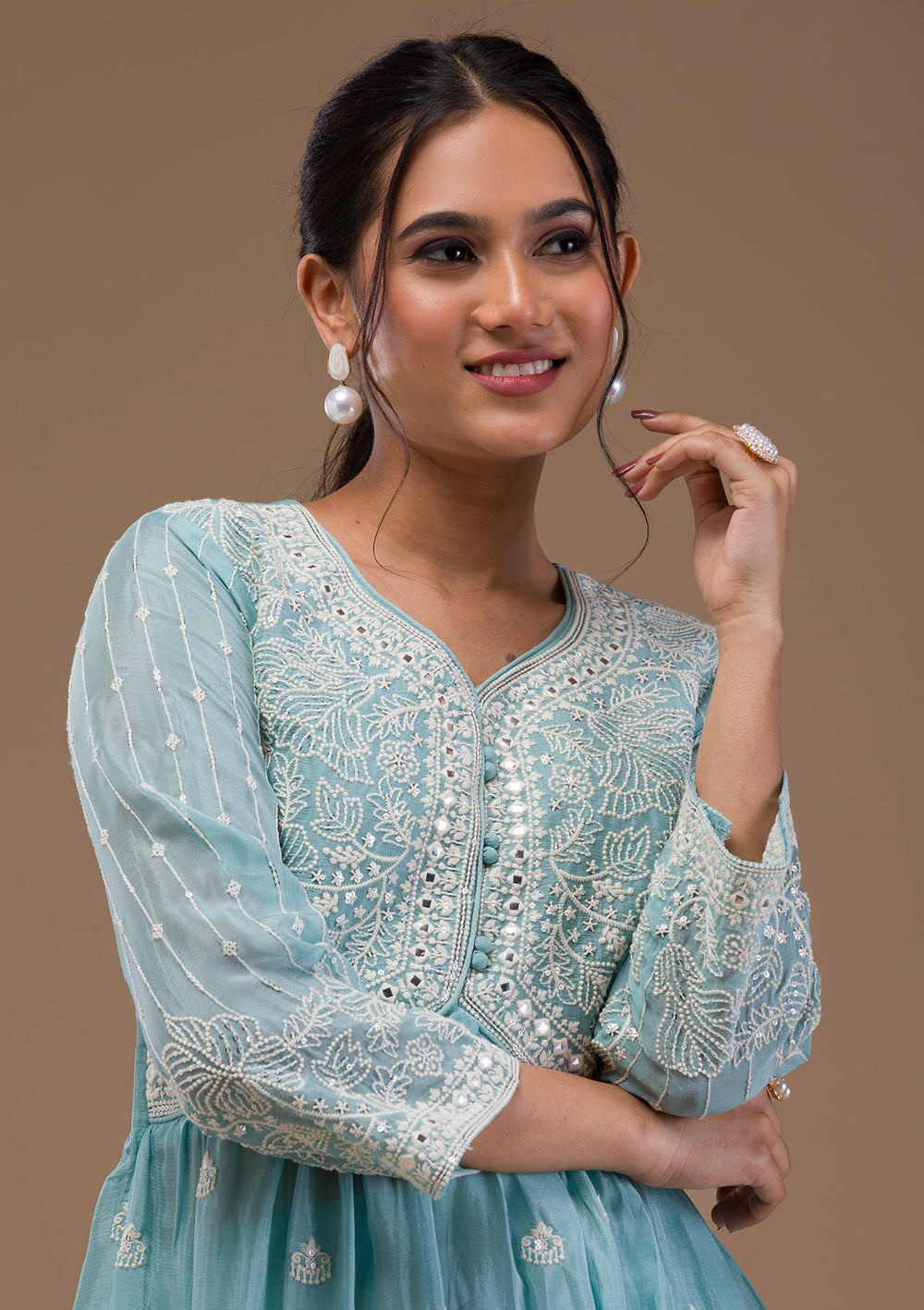 Sky Blue Threadwork Art Silk Readymade Salwar Suit-Koskii
