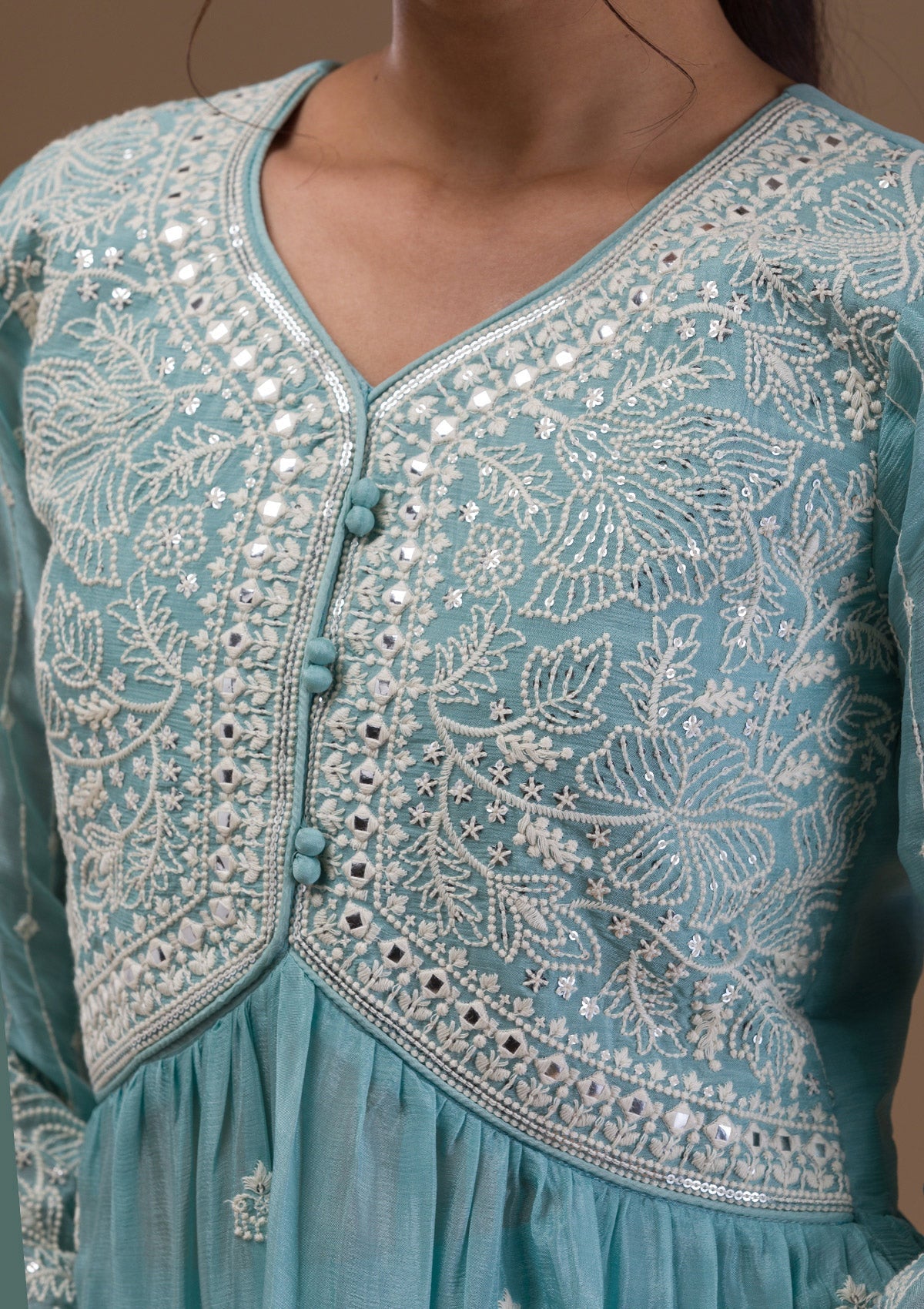 Sky Blue Threadwork Art Silk Readymade Salwar Suit-Koskii