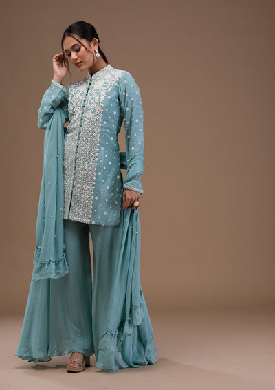 Sky Blue Threadwork Art Silk Readymade Salwar Suit-Koskii