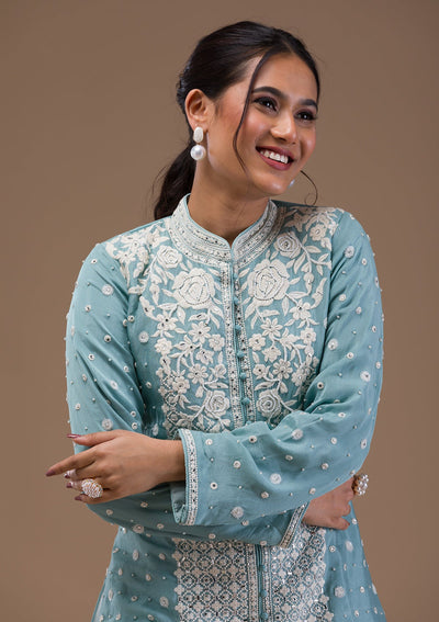 Sky Blue Threadwork Art Silk Readymade Salwar Suit-Koskii