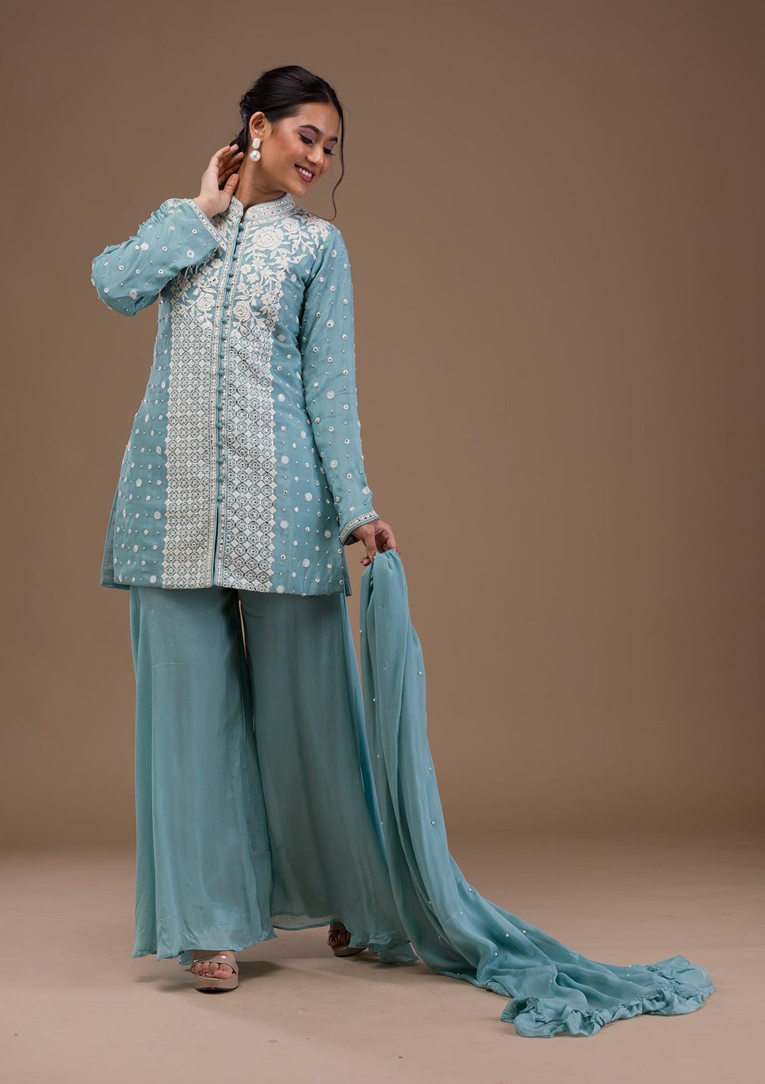 Sky Blue Threadwork Art Silk Readymade Salwar Suit-Koskii